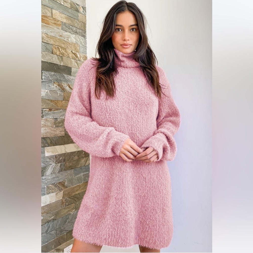 Lulus Sweet Whispers Mauve Multi Eyelash Knit Turtleneck Sweater Dress